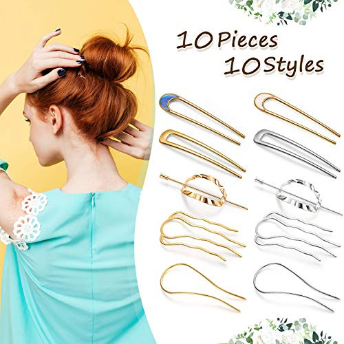 10 Pieces Metal UShape Oval Side Comb Hairpin Hair Fork Clip Stick Hair Bun Updo Sticks Gold Silver Chignon Pin Grips fo