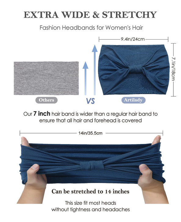 Artilady 7 Wide Headbands for Women Extra Large Stretchy Headwrap Soft Elastic Non Slip Head Bands Sports Yoga Running H