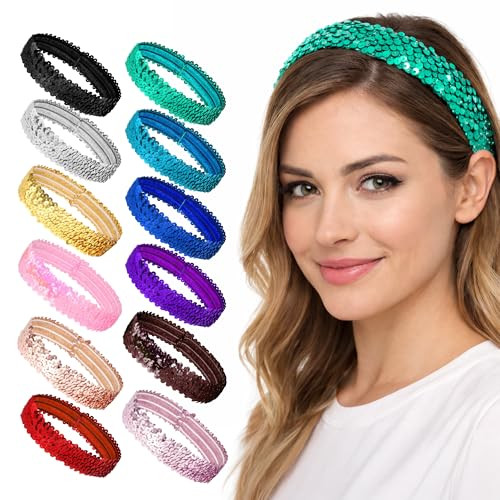 Mandala Crafts Assorted Color Glitter Sequin Headbands for Women 12Pack Elastic Sparkle Bands for Disco Dance Carnival P