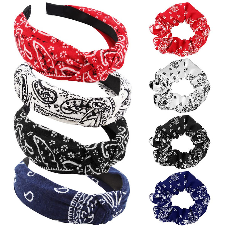 TOBATOBA 8 Pack Vintage Boho Paisley Bandanas for Women Wide Knotted Turban Headbands with Elastic Top Knot No Slip 4set