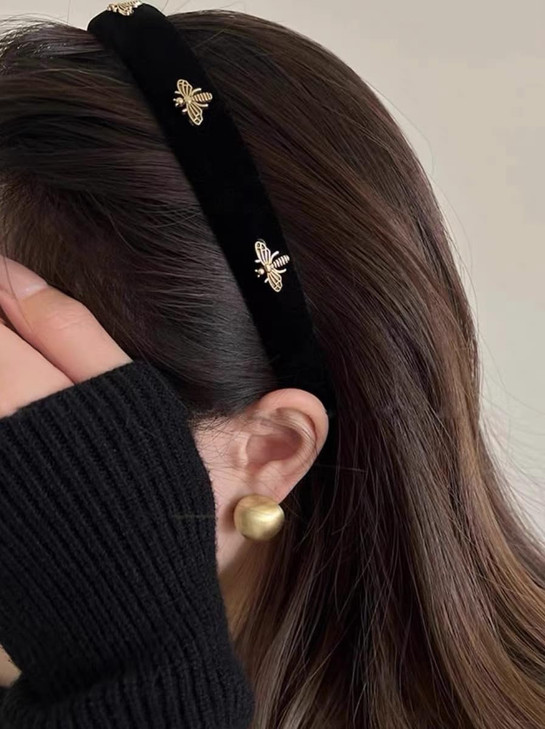 TERSE Black Velvet Headband with White Pearl Accents Cute Vintage Designer Hair Accessory for Womens Holiday Fashion