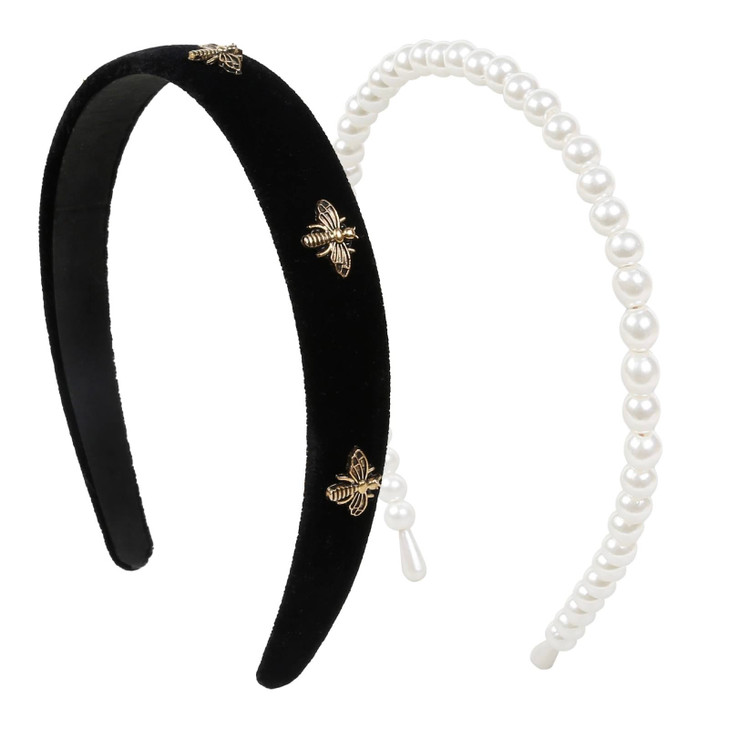 TERSE Black Velvet Headband with White Pearl Accents Cute Vintage Designer Hair Accessory for Womens Holiday Fashion