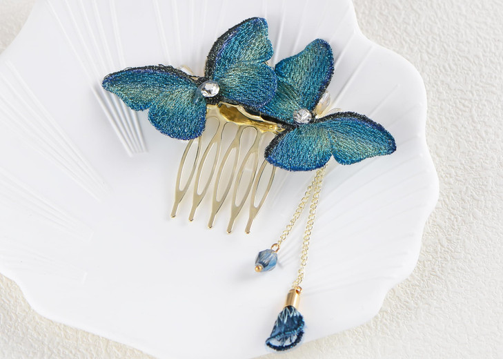 Alilang Blue Butterfly Hair Side Combs with Tassels Vintage Wedding Bridal Hair Accessories for Women