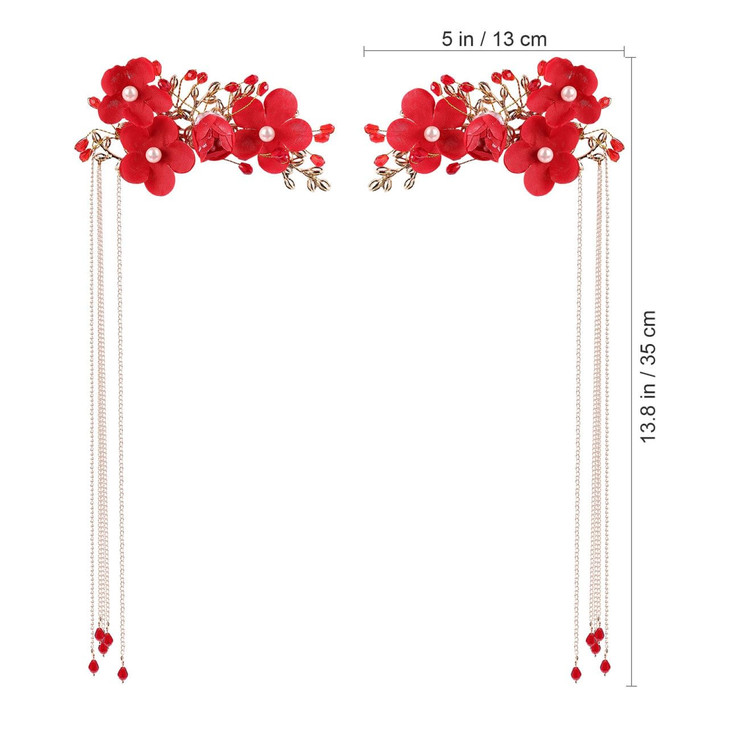 Chinese Hairpin for Wedding Red Tassel Hair clips Pearl Hanfu Pins Flower Hair Pins Hair Chopsticks Vintage Classical St