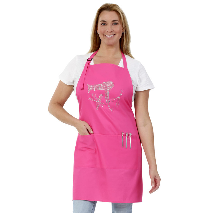 Plum Hill Pink Hair Stylist Apron with Rhinestone Tools for Hairdresser Cosmetologist or Salon 3 Pockets Adjustable Neck