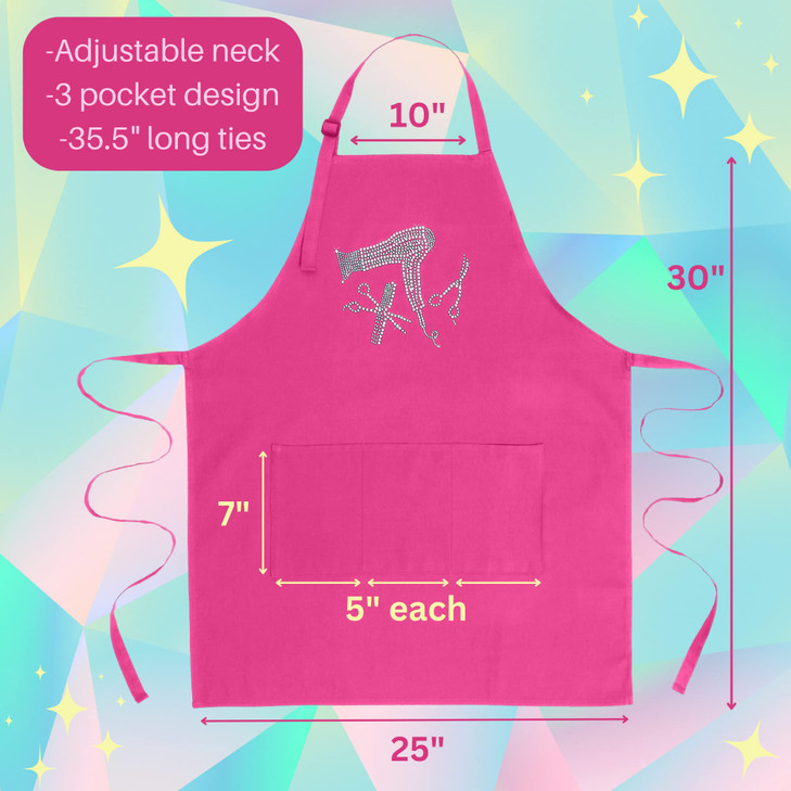 Plum Hill Pink Hair Stylist Apron with Rhinestone Tools for Hairdresser Cosmetologist or Salon 3 Pockets Adjustable Neck