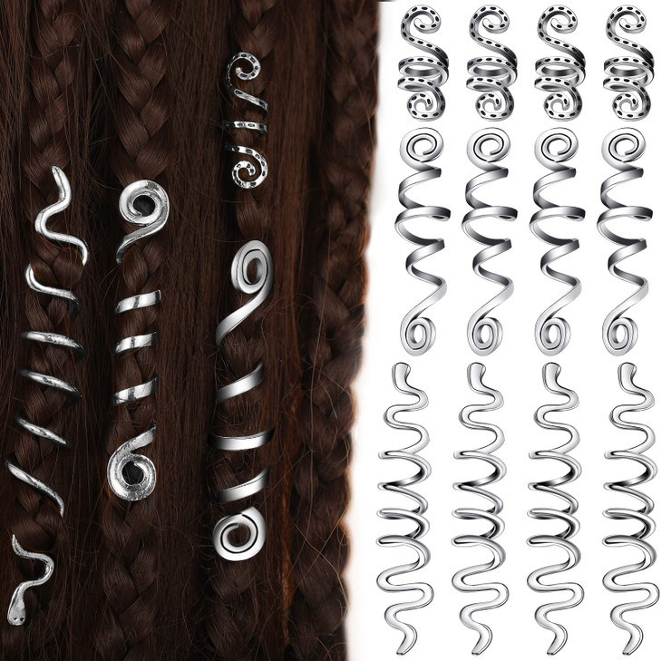 12 Pcs Braid Hair Accessories Celtic Hair Jewelry Alloy Dreadlock Loc Coil Jewel Snake Hair Clips for Women Silver Vinta