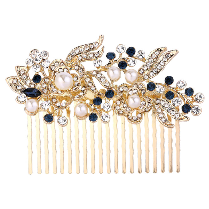 EVER FAITH Wedding Comb Rhinestone Pearl Bridal Accessories Flower Hair Piece for Bride Bridesmaids Blue GoldTone