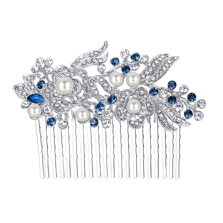 EVER FAITH Wedding Side Comb Rhinestone Pearl Bride Hair Accessories Flower Vine Headpiece for Bridesmaids Blue SilverTo