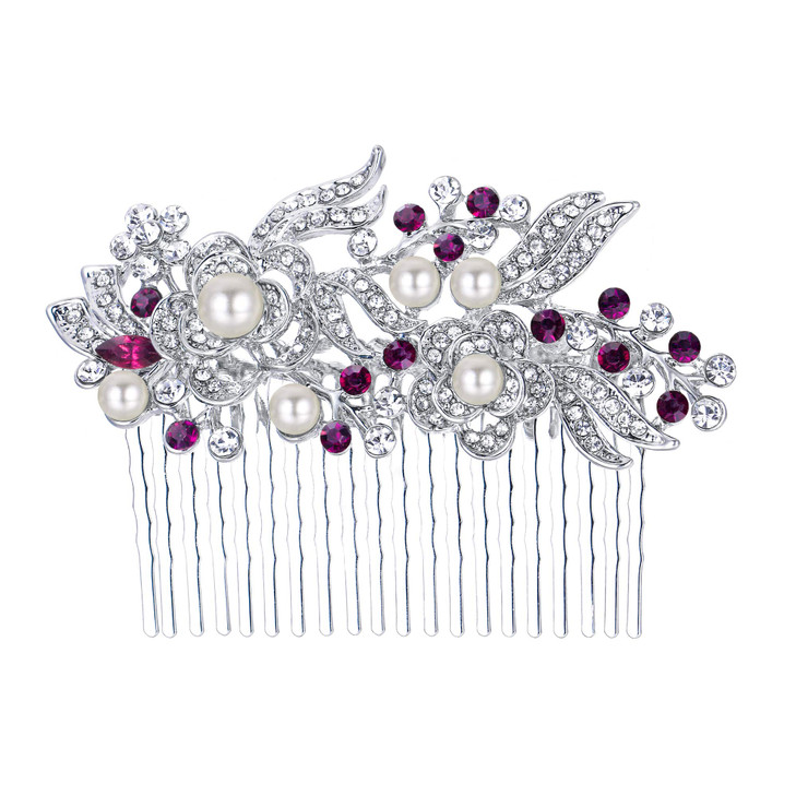 EVER FAITH Bridal Side Comb Rhinestone Pearl Bride Hair Accessories Flower Wedding Headpiece for Bridesmaids Purple Silv