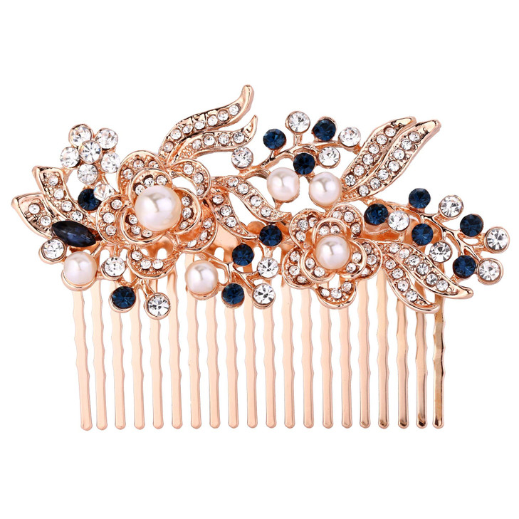EVER FAITH Wedding Side Comb Rhinestones Crystal Vintage Flower Bridal Hair Clips Accessories for Bride Bridesmaids Blue