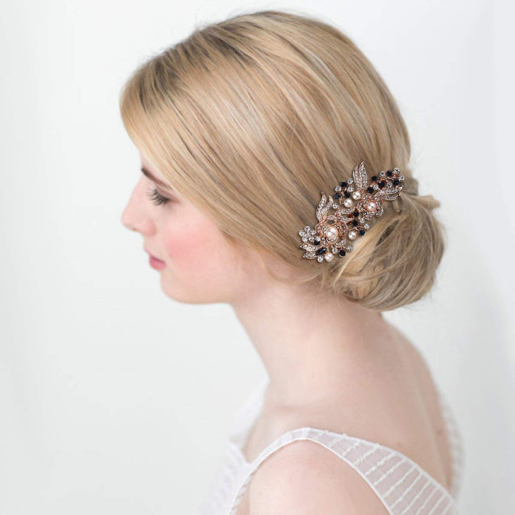 EVER FAITH Wedding Side Comb Rhinestones Crystal Vintage Flower Bridal Hair Clips Accessories for Bride Bridesmaids Blue