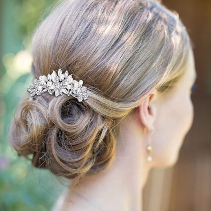 EVER FAITH Wedding Hair Accessories Austrian Crystal Cream Simulated Pearl Bridal Bride Leaf Flowers Side Comb Clear Sil