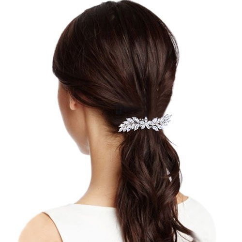 EVER FAITH Womens Wedding Barrettes CZ MarquiseShaped Hibiscus Flower Leaf Hair Styling Tools Accessories Clear SilverTo