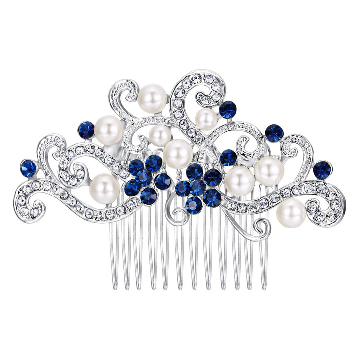 EVER FAITH Wedding Side Comb Accessories Blue Austrian Crystal Cream Simulated Pearl Floral Vine Bridal Hair Piece for W