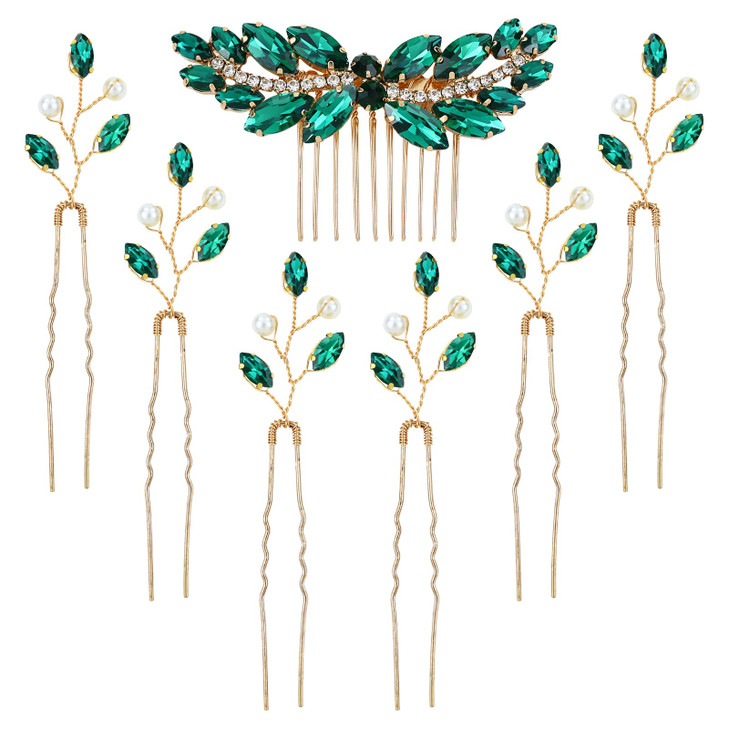 inSowni 7 Pieces Vintage Proms Bridal Wedding Glitter Green Rhinestone Crystal Gold Metal Hair Side Combs Slides Ushaped