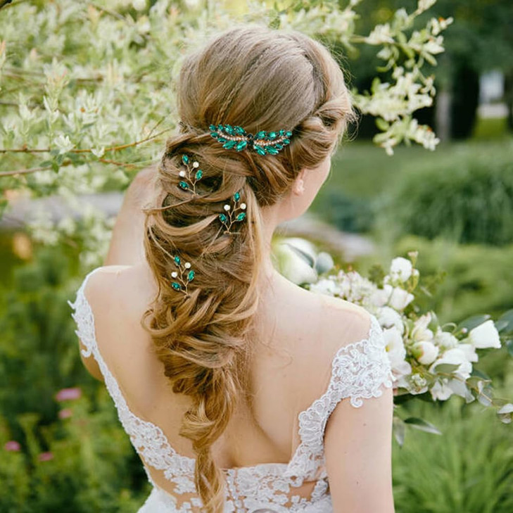 inSowni 7 Pieces Vintage Proms Bridal Wedding Glitter Green Rhinestone Crystal Gold Metal Hair Side Combs Slides Ushaped