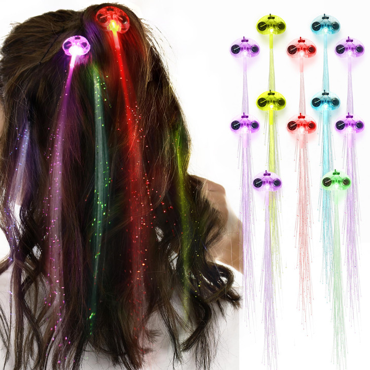 Novelty Place 12Pcs LED Hair Light Up Fiber Optic LED Hair Extension with Clip Bar Dancing Hairpin Flashing Braid Glow i