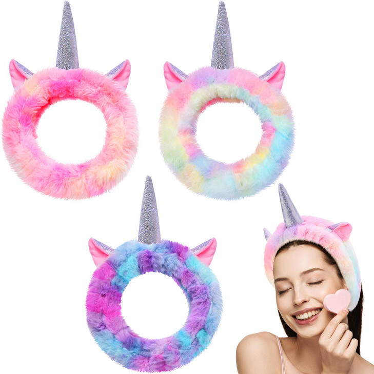 Chuangdi 3 Pieces Unicorn Headbands Unicorn Makeup Headband Spa Headband Cute Shower Hairband Gifts for Women Girls Wash