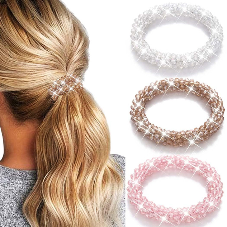 Fashey Rhinestone Hair Tie Fancy Ponytail Holders Sparkly Beaded Scrunchies Hair Accessories for Women Type B