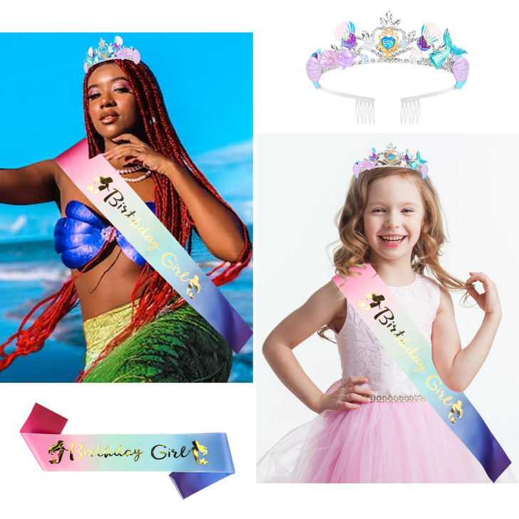YARIEW Mermaid Birthday Party Decorations Crown Sash and Tiara for Girls and Women