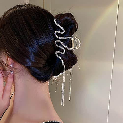Jumwrit Large Rhinestone Hair Claw Clip with Big Wave Long Tassel Chain Strong Metal Hold for Thick Hair Gold