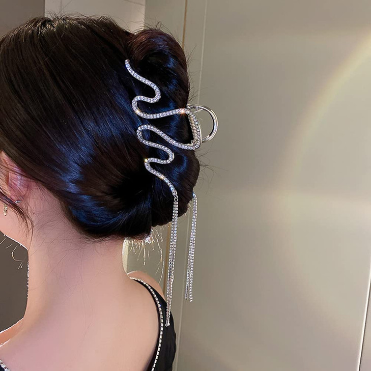 Jumwrit Large Rhinestone Hair Clip Strong Metal Wave Clip With Long Tassel Chain and NonSlip Clamp for Thick Hair Silver