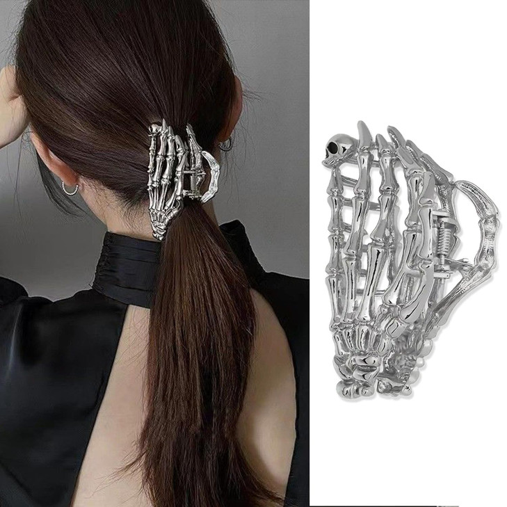 BELSITA Halloween Skeleton Metal Hand With Skull Head Design Hair Clip Silver Hair Clip for Thick or Thin Hair Large Hai