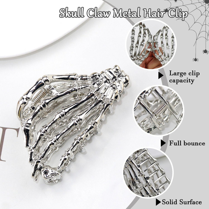 BELSITA Halloween Skeleton Metal Hand With Skull Head Design Hair Clip Silver Hair Clip for Thick or Thin Hair Large Hai