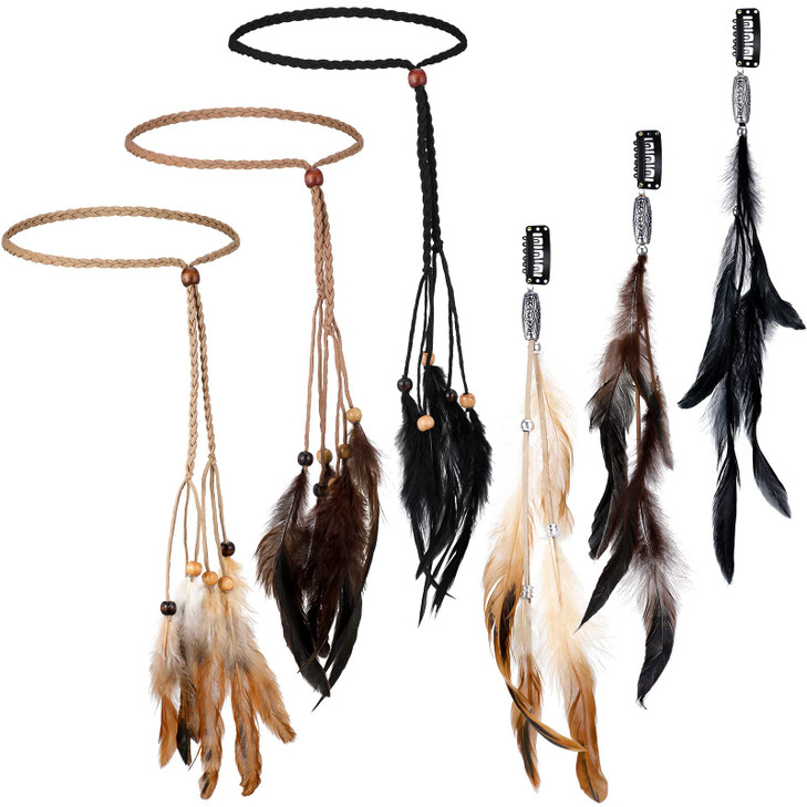 Geyoga 6 Pcs Feather Headband Feather Hair Clip Set Boho Hair Extensions with Clip Comb Hippie HeadpieceClassic Color