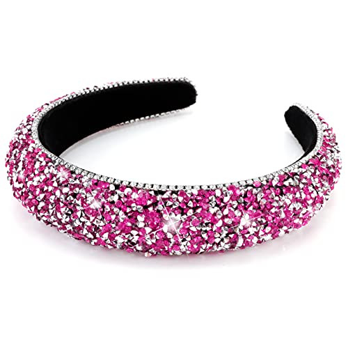 Wecoe Rhinestone Rose Red Diamond Bling Glitter Sparkle Fashion Headband for WomenGirls Thick Padded Homecoming Hair Acc