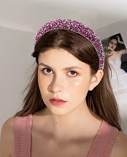 Wecoe Rhinestone Rose Red Diamond Bling Glitter Sparkle Fashion Headband for WomenGirls Thick Padded Homecoming Hair Acc