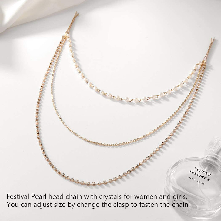 BeeSpring Crystal Head Chain Jewelry Pearl Gold Hair Bridal Headpiece Hair Accessories for Women