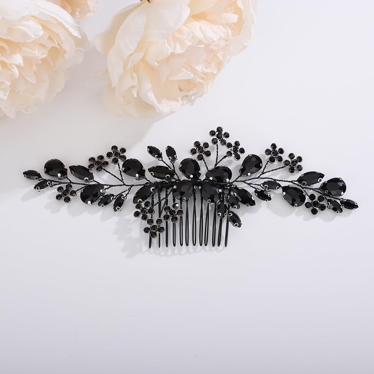 Teyglen Bridal Black Crystal Hair Comb Flower Wedding Hair Side Comb Vintage Black Flower Crystal Rhinestone Hair Pieces