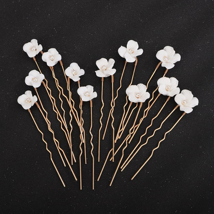 Teyglen Bride Wedding Hair Pins Flower Bridal Hair Clips Decorative Hair Jewelry Accessories Handmade Gold Silver White