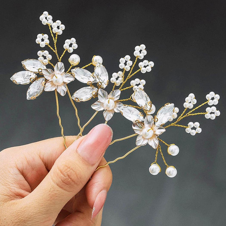 Heread Crystal Bride Wedding Hair Pins Flower Bridal Hair Pieces Pearl Hair Accessories for Women and Girls Pack of 3 C