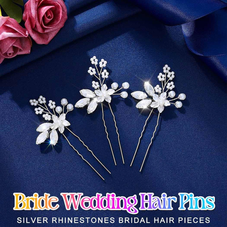 Heread Crystal Bride Wedding Hair Pins Silver Flower Bridal Hair Pieces Pearl Hair Accessories for Women and Girls Pack