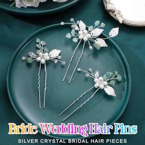 Heread Pearl Flower Bride Wedding Hair Pins Silver Leaf Bridal Hair Accessories Rhinestone Hair Pieces for Women and Gir