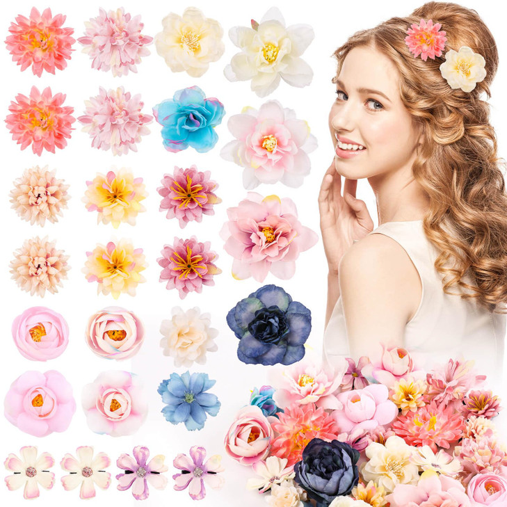 Thrilez Hair Clips 26Pcs Flower Hair Clips for Women Flower Hair Accessories Hawaiian Boho Hairclip for Girls Silk Flowe