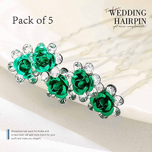 BARTOSI Green Flower Wedding Hair Pins Rhinestone Bridal Hair Clips Prom Hair Accessories for Women Pack of 5