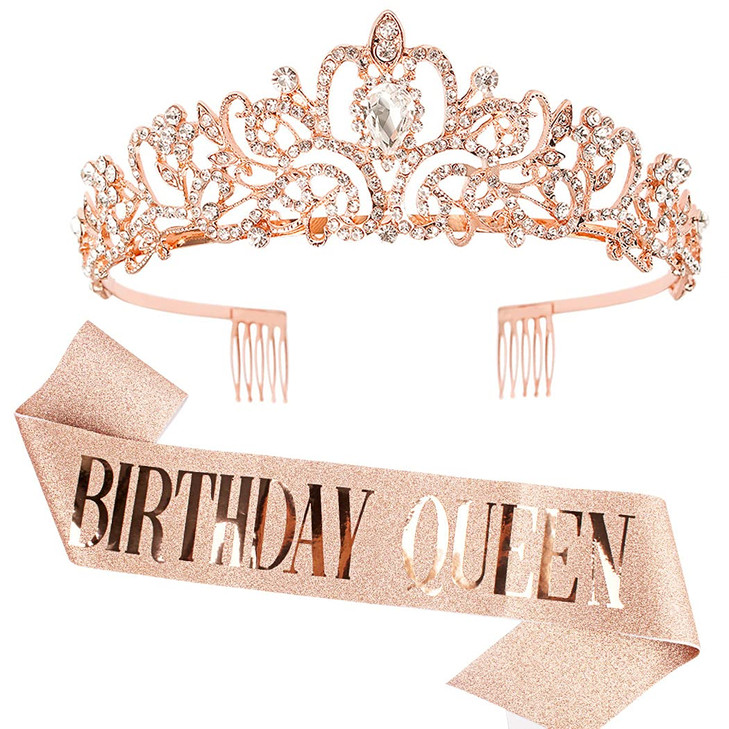 COCIDE Rose Gold Birthday Sash Birthday Tiara Set Crowns and Tiaras for Women Decorations Kit Rhinestone Queen Headband