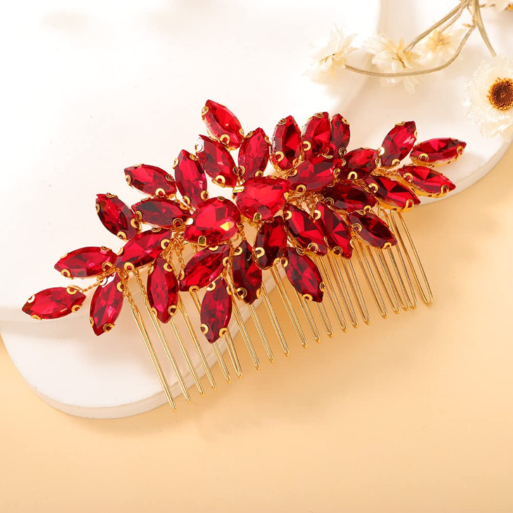 Teyglen Crystal Bridal Hair Comb Rhinestone Side Hair Piece with Red Crystals Wedding and Hair Accessory for Women and G
