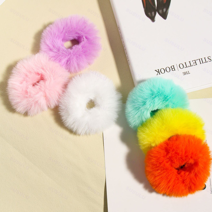 Fuzzy Furry Faux Rabbit Fur Hair Band Rope Wristband Ponytail Holder Hair Ring and Hair Accessories 12pcs Colorful