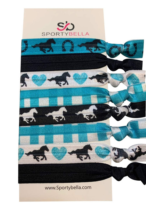 Sportybella Girls Horse Hair Ties TealBlack No Crease No Tug Elastics with Horse Design Ponytail Gift for Equestrians 8p