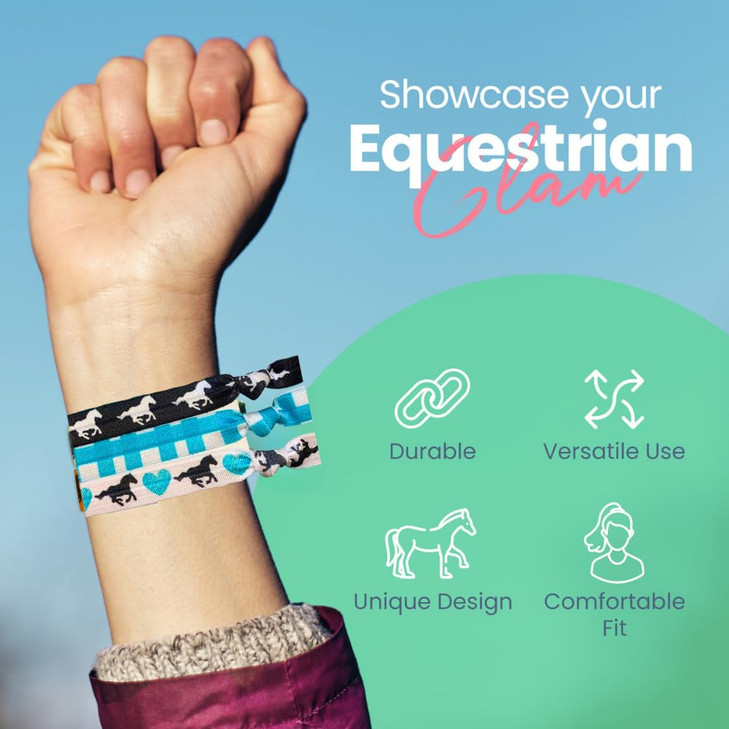Sportybella Girls Horse Hair Ties TealBlack No Crease No Tug Elastics with Horse Design Ponytail Gift for Equestrians 8p