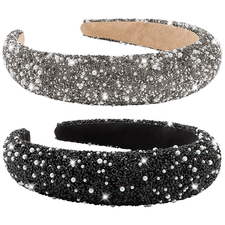 AHONEY 2 Pack Rhinestone Headband Sequin Beaded Pearls Head Band Glitter Cute Headband Birthday Prom Hair Accessories Fo