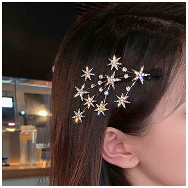 Yheakne Crystal Star Hair Barrette with Rhinestones Bling Bridal Hair Accessory Decorative Headpiece for Women and Girls