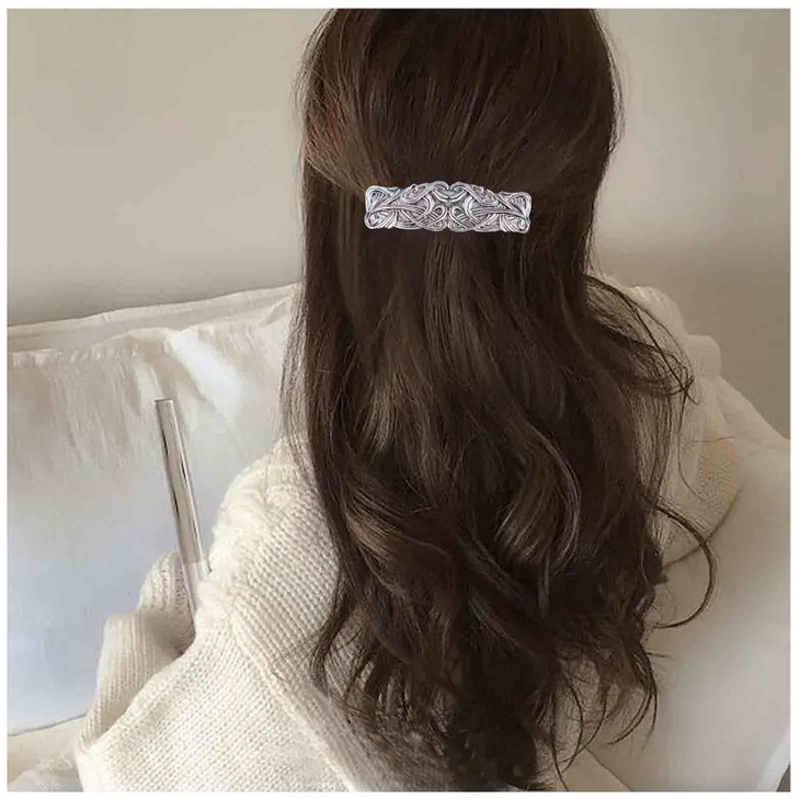 Yheakne Vintage Geometric Silver Hammered Metal Textured Rectangle Headclip Barrette Decorative Hair Accessories for Wom