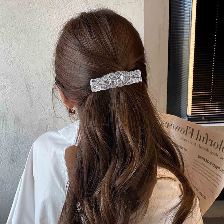 Yheakne Vintage Geometric Silver Hammered Metal Textured Rectangle Headclip Barrette Decorative Hair Accessories for Wom