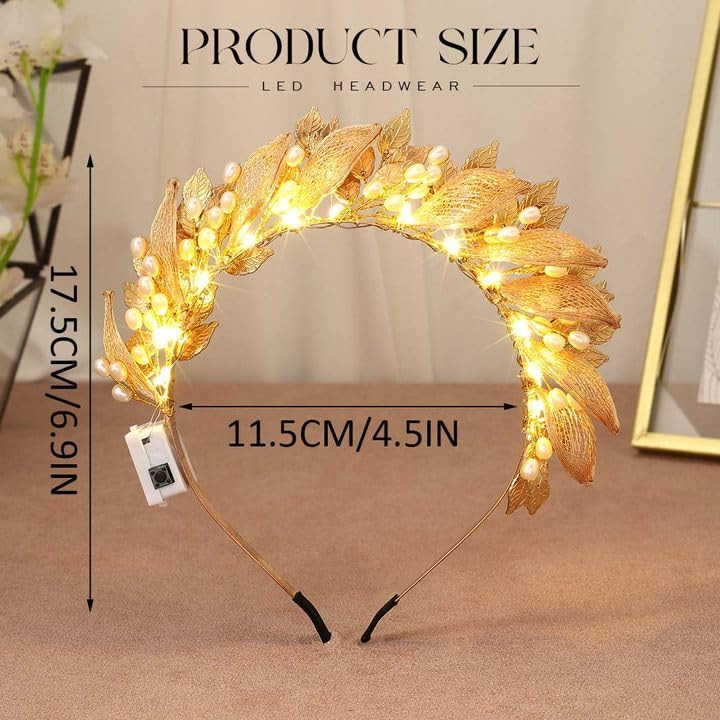 Catery Gold Leaf Headband Light up Greek Goddess Crown Headpiece Costume Accessories for Women